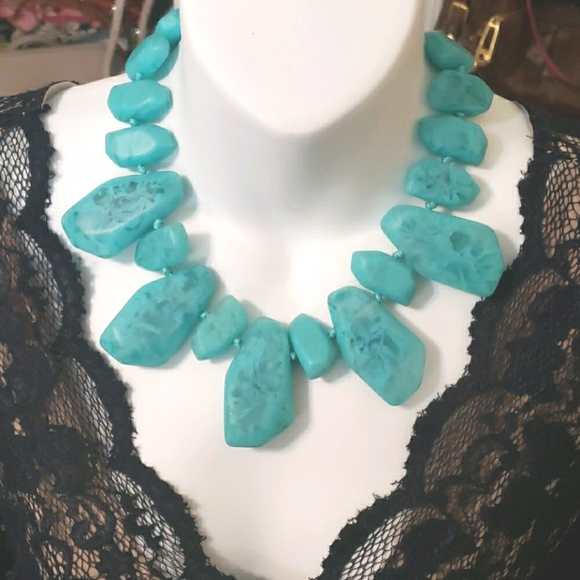 Chicos? chunky bold tourqoius acrylic flat stone necklace knotted Marbled Big - Picture 2 of 9
